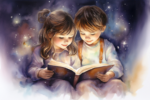 gyerekek mesét olvasnak a karácsonyfa alatt